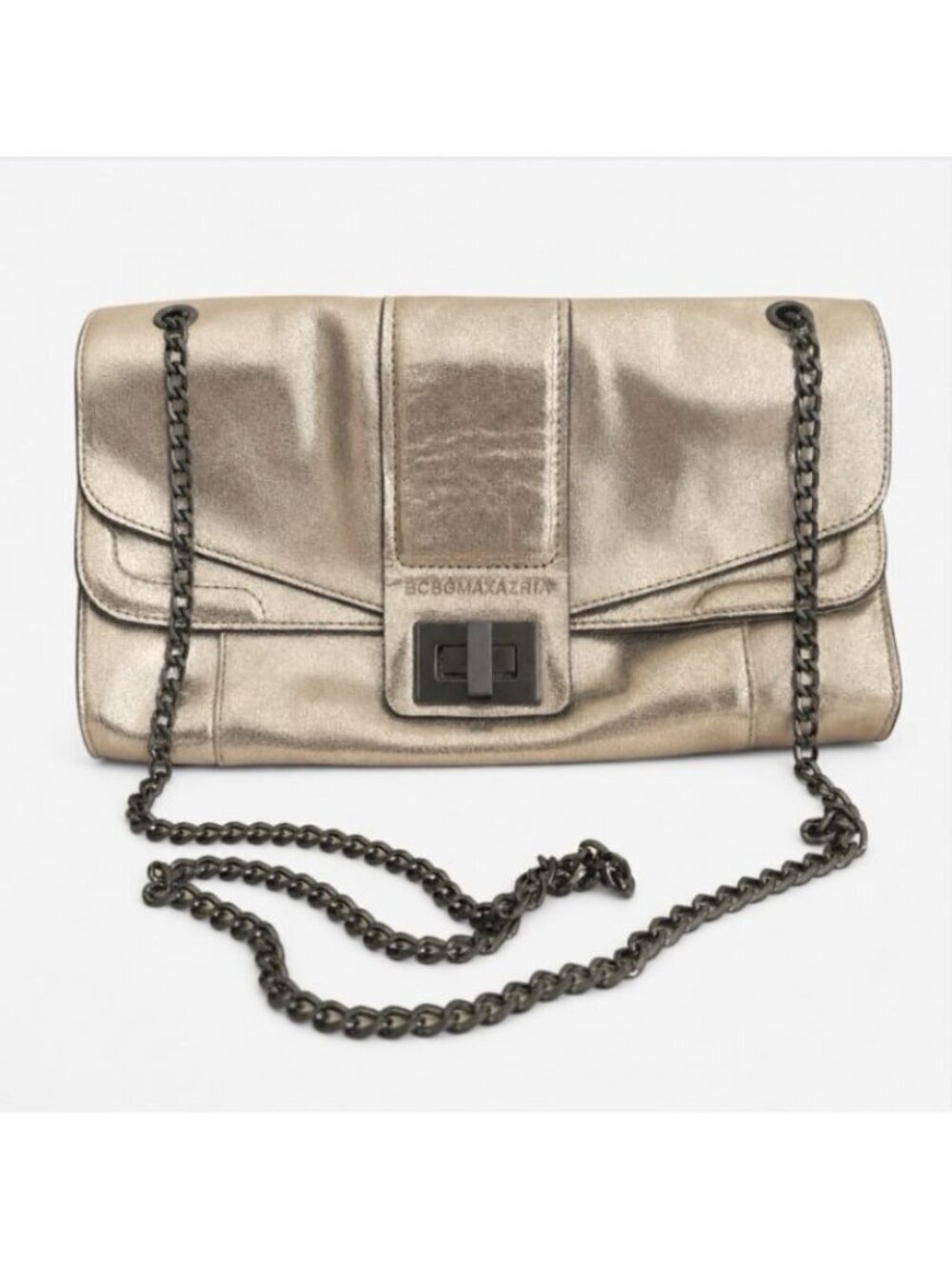 BCBG MaxAzria Gold Metallic Bag Clutch Leather Cross Body Formal Special Occassi